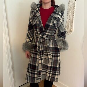 Vintage Plaid Penny Lane Belted Coat with Faux Fur Cuffs and Hood